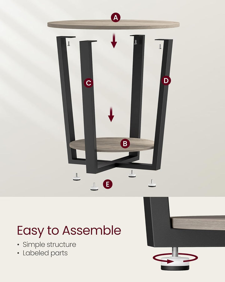 Round End Table, Storage Shelf, Steel Frame