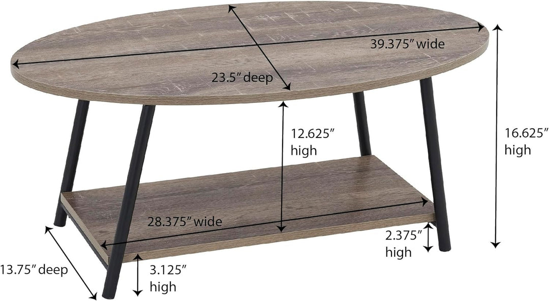 Rustic Oval Coffee Table with Storage Shelf, Distressed Ashwood