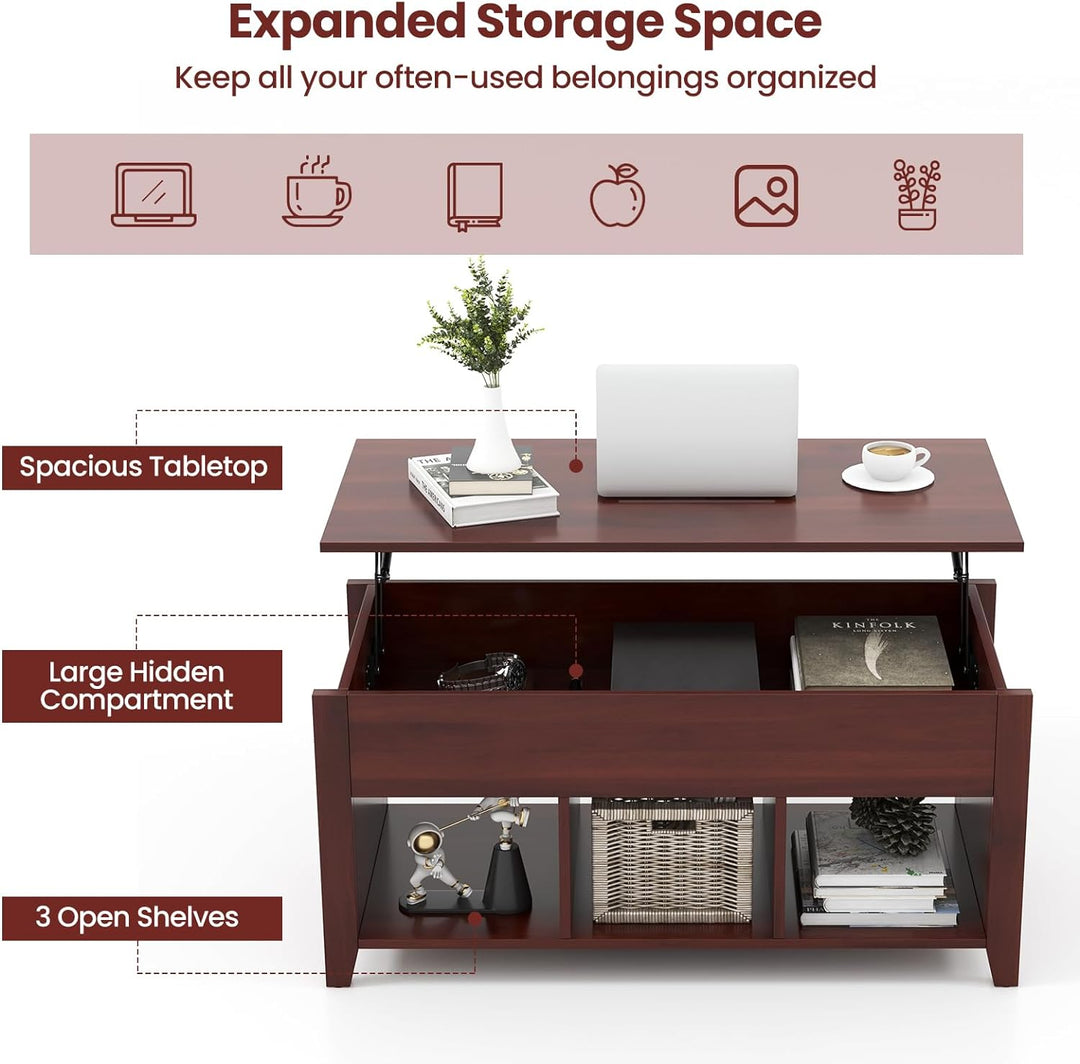 Lift Top Coffee Table with Hidden Compartment, 3 Shelves, Brown