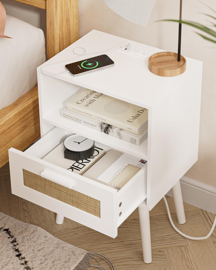 Rattan Nightstand w/ Charging Station, Storage Drawers