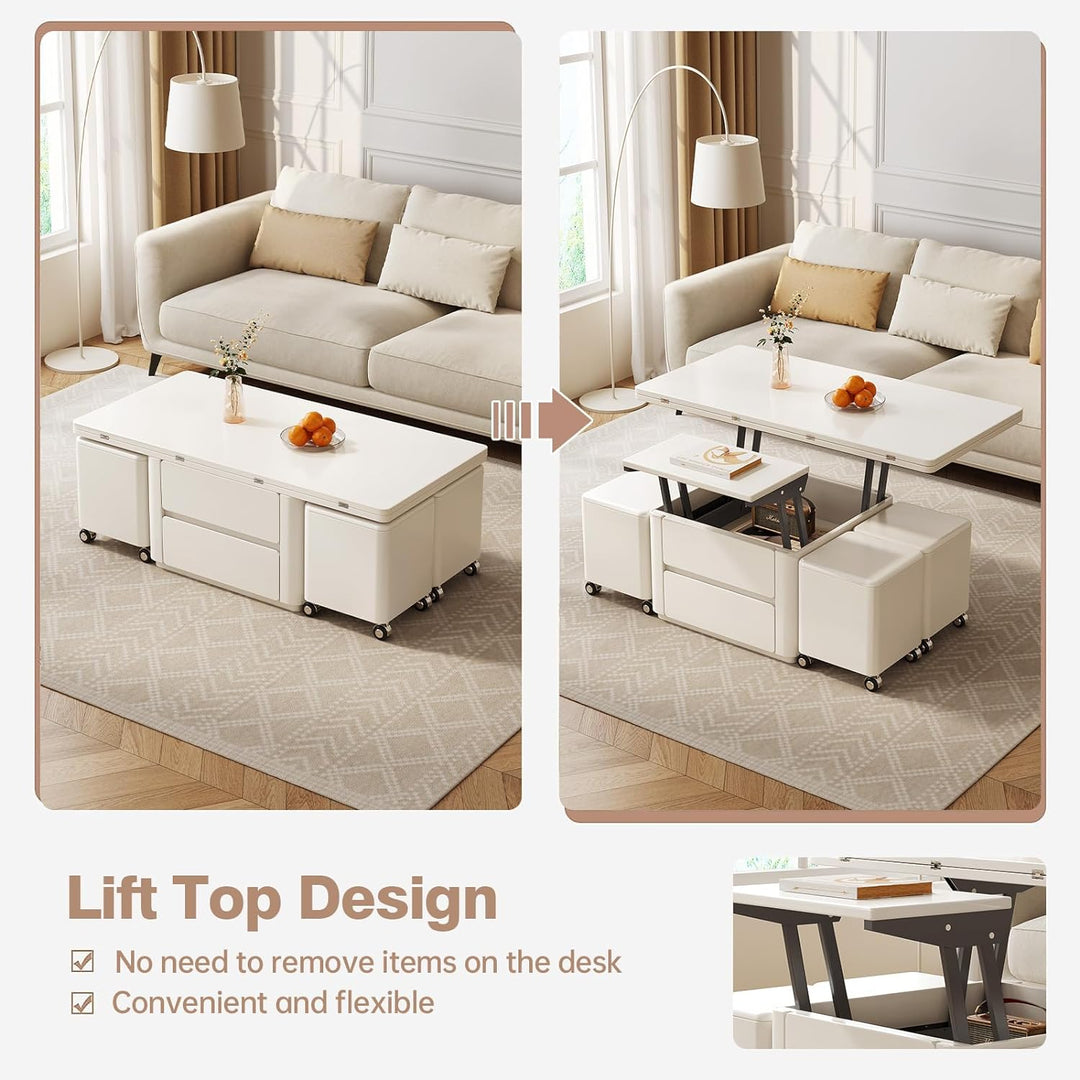 47.24" L Lift Top Coffee Table with 4 Stools, Hidden Storage, White