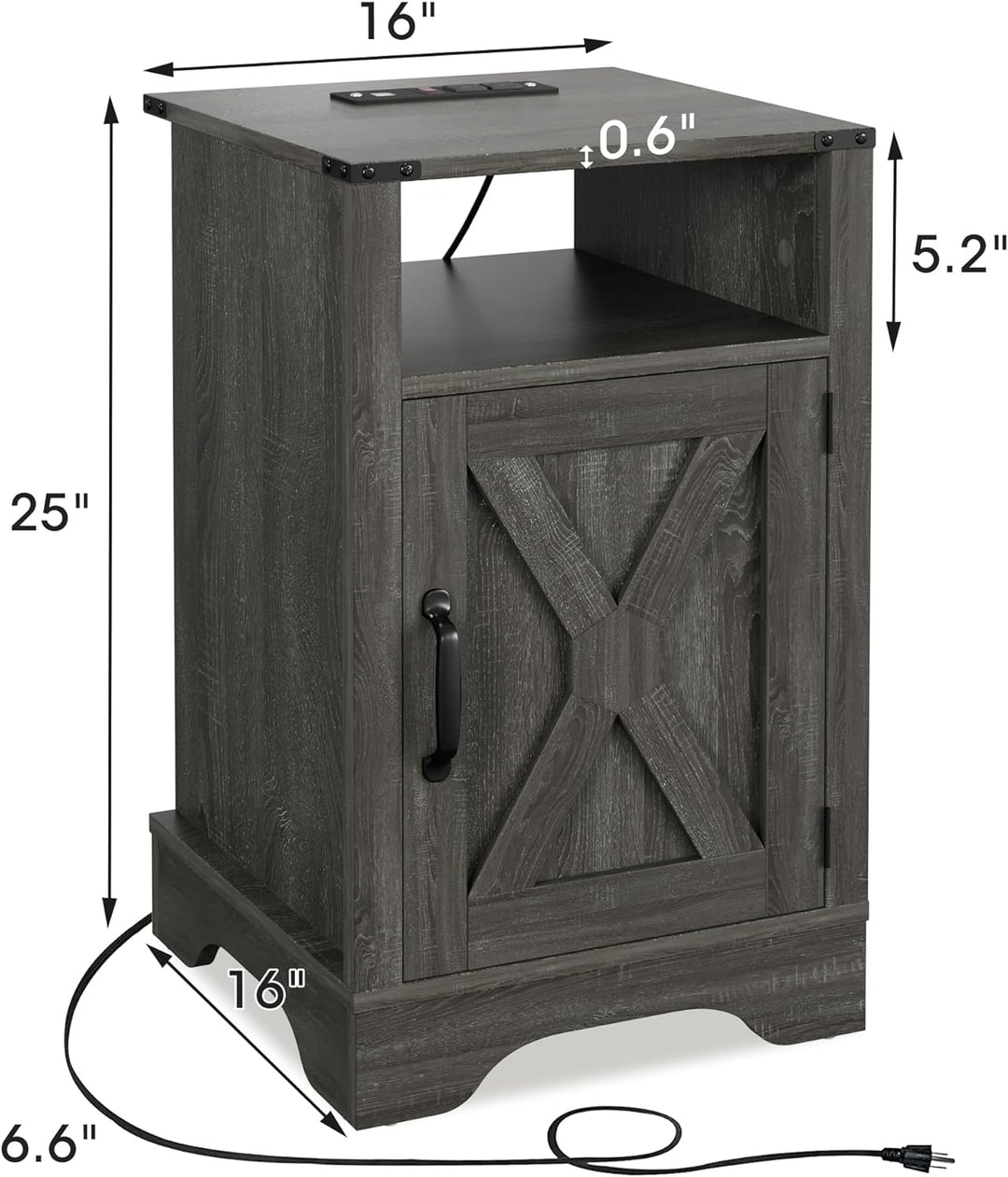 Nightstand Set of 2 with Charging Station, Tall Farmhouse Bedside Table with Large Storage and Shelf, Wooden End Table for Bedroom, Living Room(Dark Grey)