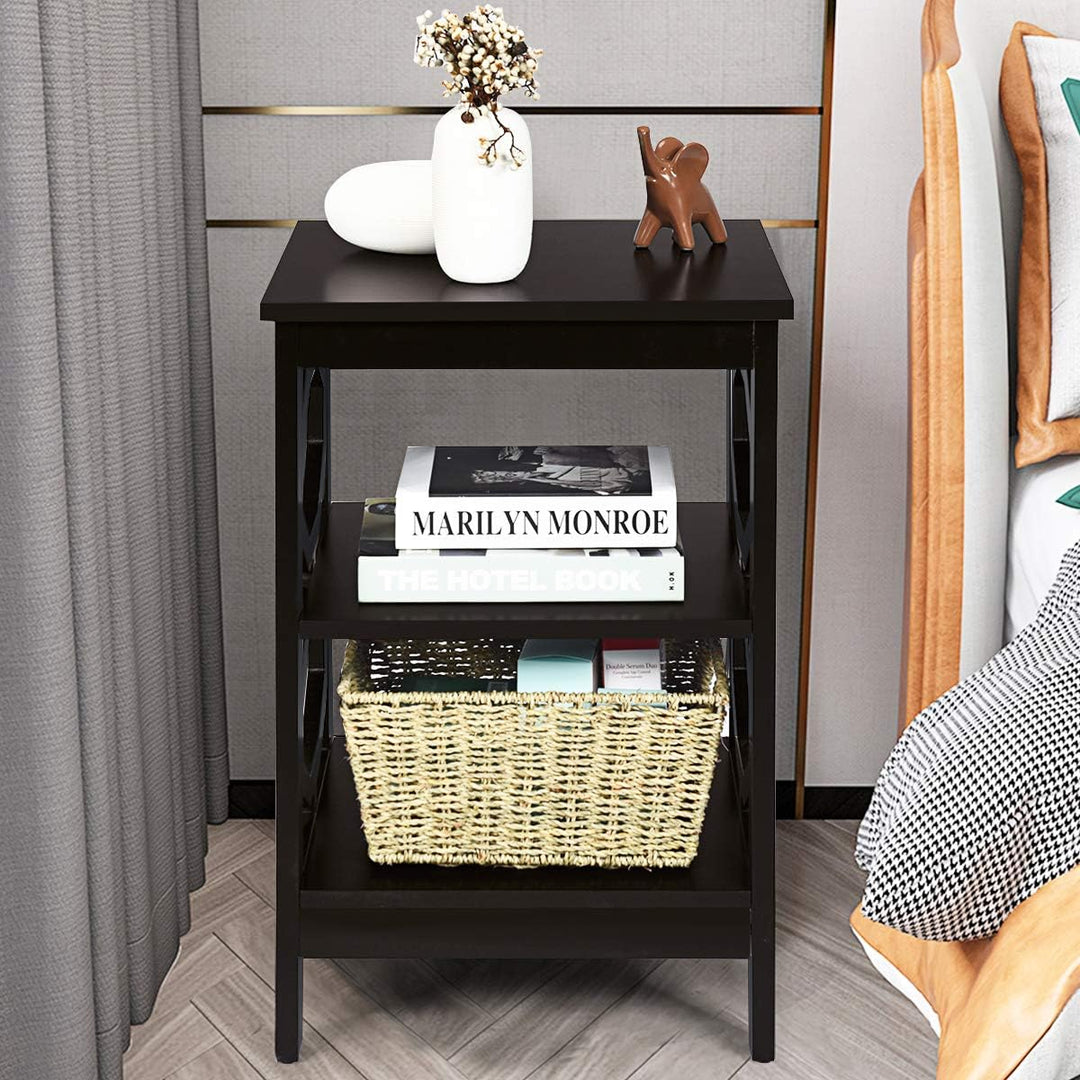 3-Tier Nightstand, Omega End Table, Storage Shelves, Espresso