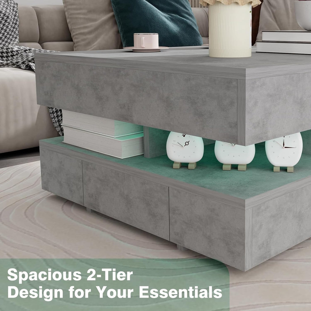 Square LED Coffee Table with Gray Marble Pattern, Pr3