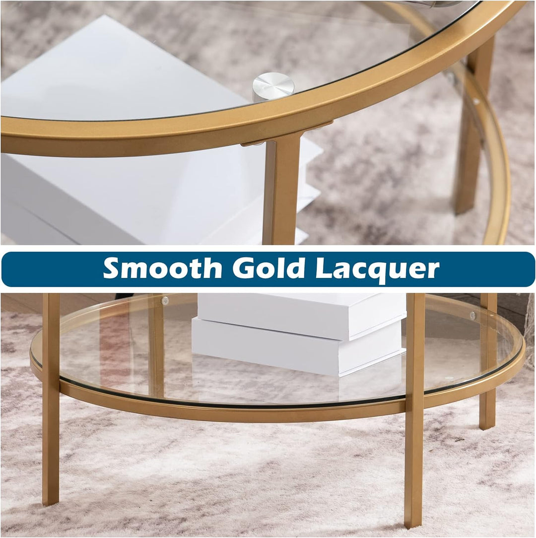 Elegant 2-Tier Glass Top Coffee Table, Gold Finish