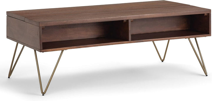 Solid Mango Wood and Metal Industrial Contemporary Lift Top Coffee Table, Umber Brown