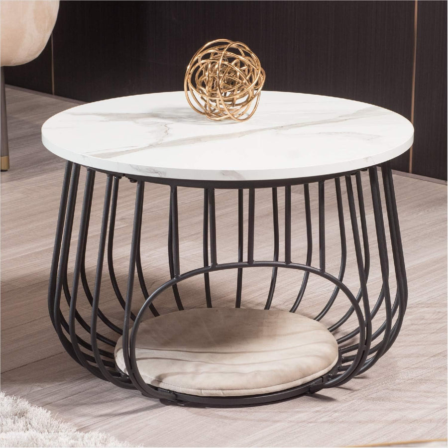 22" Round Coffee Table, Modern Cocktail Table, White Marble + Black