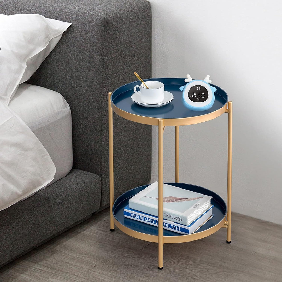 Folding End Table 2-Tier Metal Round Side (GoldBlue)