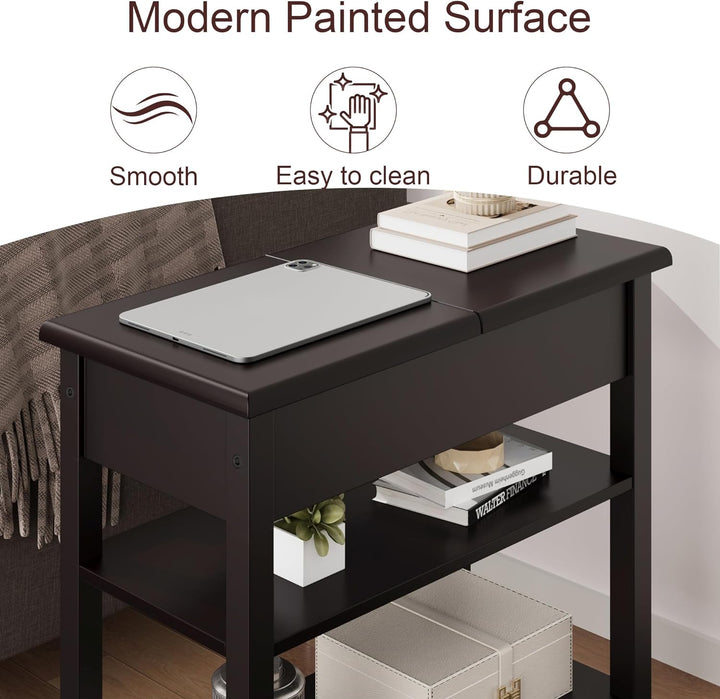 End Table, 3-Tier Flip Top Side Table, Narrow Nightstand