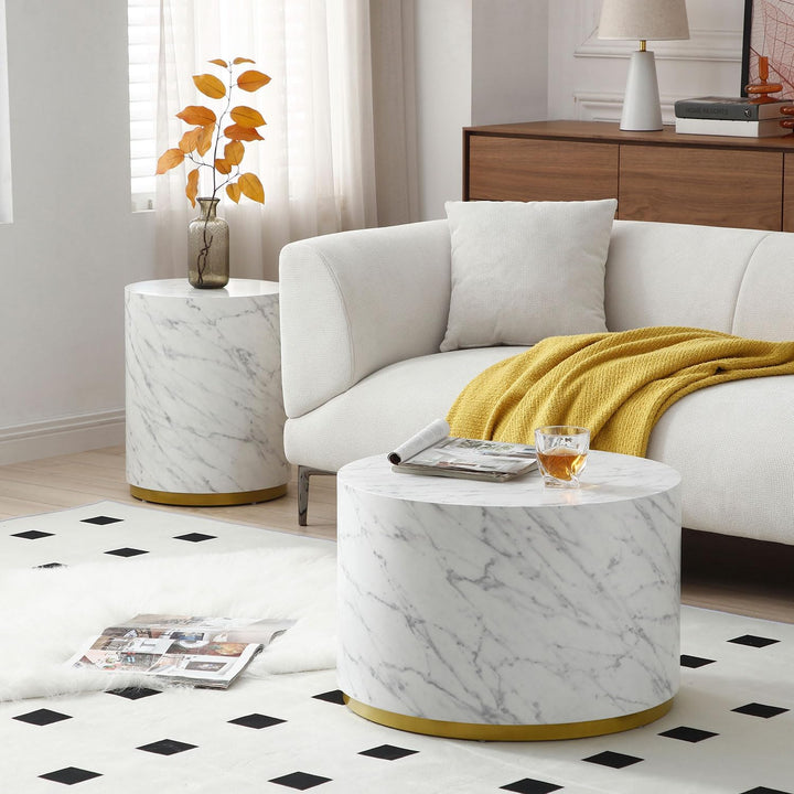 Modern Round Gold Drum Coffee Table, Circle Sofa Table, Marble White