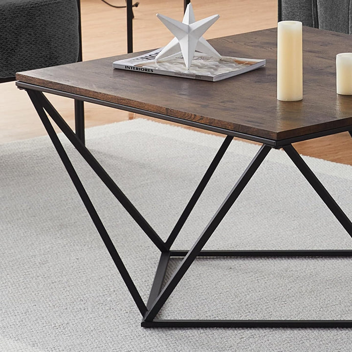 Rustic Square Coffee Table, Modern Industrial Style, Wooden Top, Metal Frame, Rustic Brown