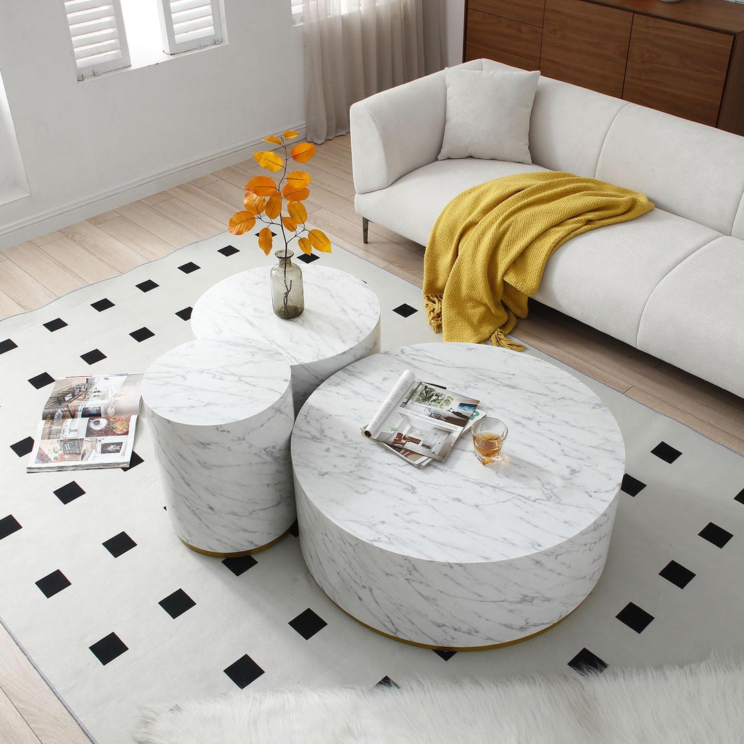 Modern Round Gold Drum Coffee Table, Circle Sofa Table, Marble White