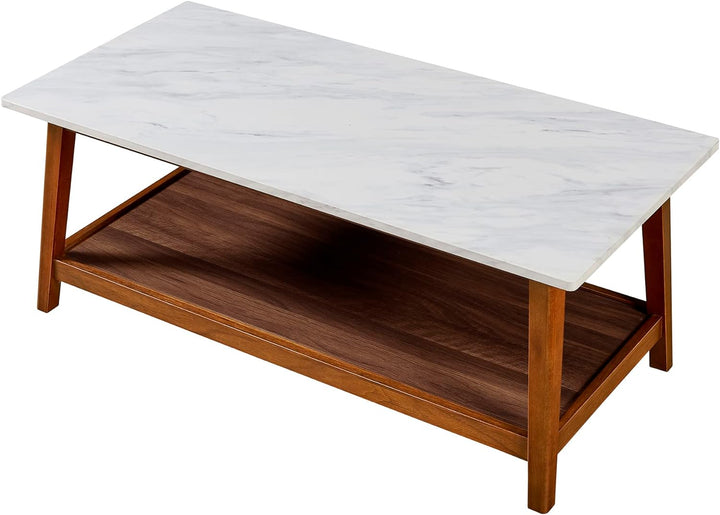 Wooden Coffee Table with Marble-Look Top, Walnut