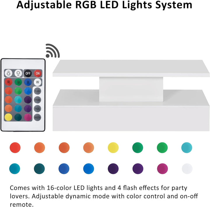 Coffee Table with LED Lighting, 16 Colors, Remote Control, White