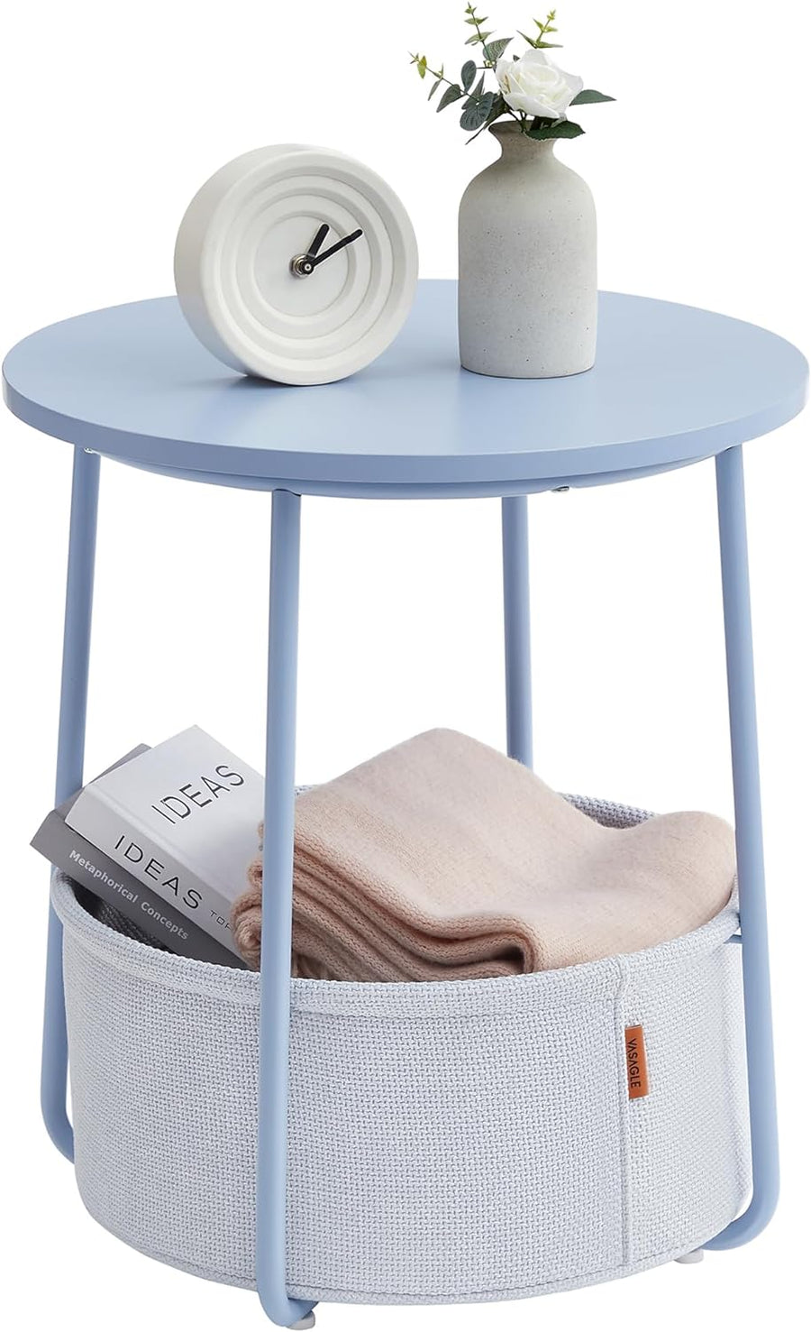 Small Round Side End Table, Fabric Basket, Pale Blue