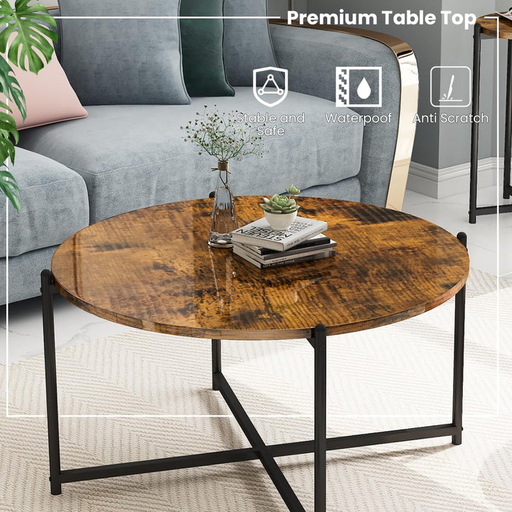 Rustic Coffee Table Set, Round Tabletop, Metal Cross Base