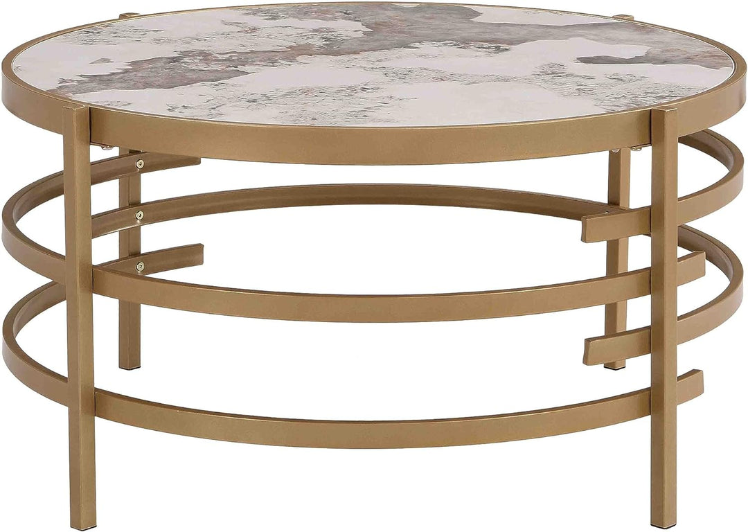 Elegant Sintered Stone Round Coffee Table, Modern Circle Center Table, Gold