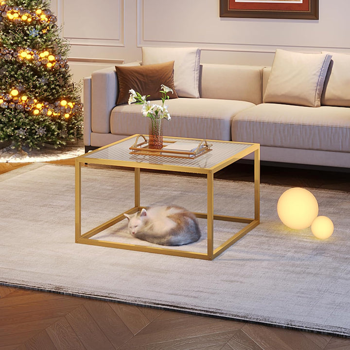 Modern Glass Coffee Table, Small Square, Unique Art Center Table, Gold