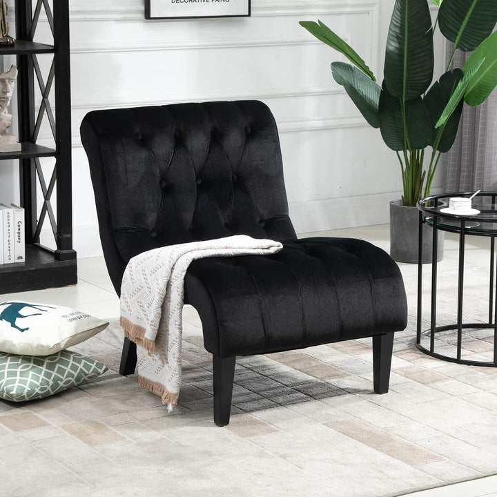 Armless Accent Chair, Upholstered Button Tufted Living Room Chairs with Wood Legs, Comfy Frosted Velvet Lounge Chair Reading Chair for Bedroom, Black