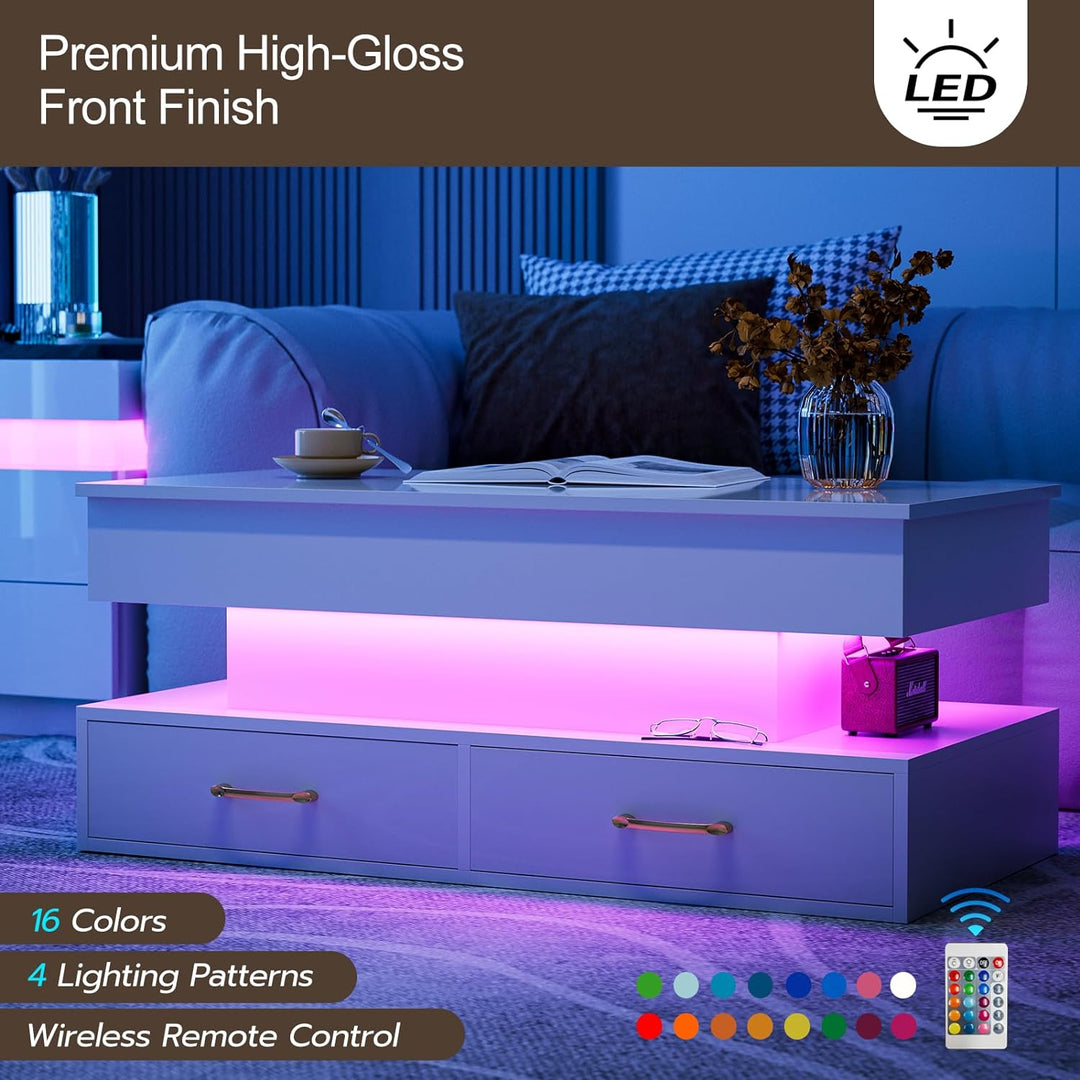 Lift Top Coffee Table with LED Lights, 2 Drawers, Hidden Compartment, White