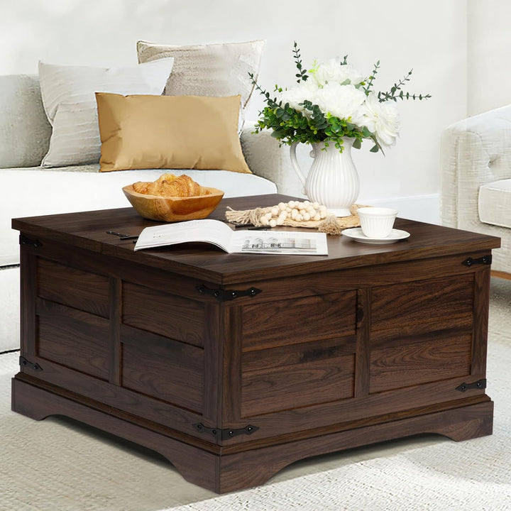 Farmhouse Coffee Table with Hinged Lift Top, Rustic Wood Table, Walnut