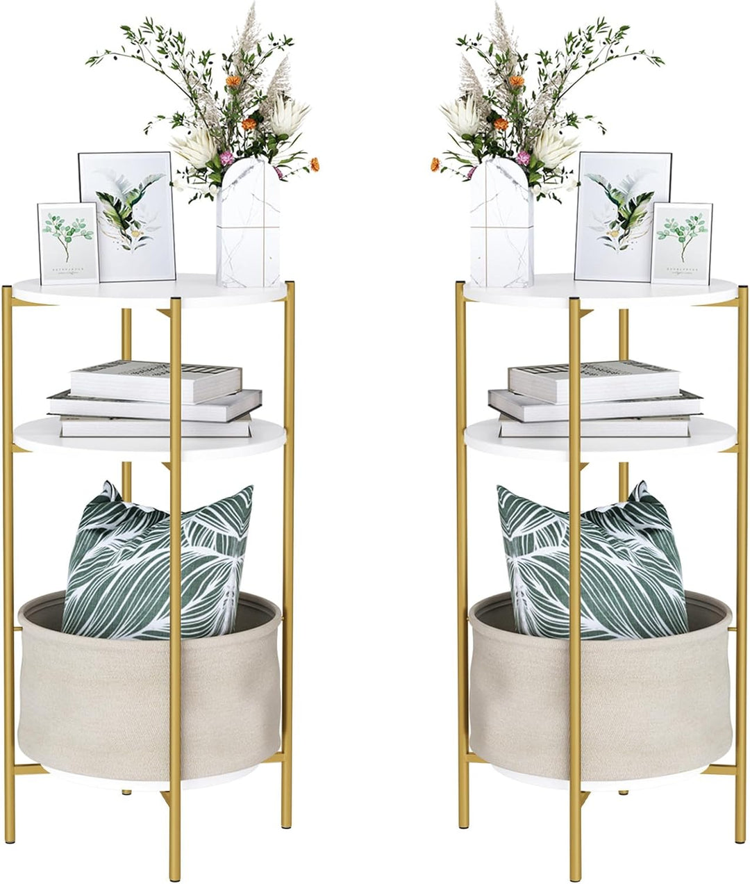 Round End Table, 3-Tier Side Table Accent, White/Gold