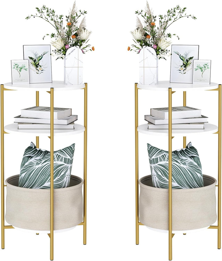 Round End Table, 3-Tier Side Table Accent, White/Gold