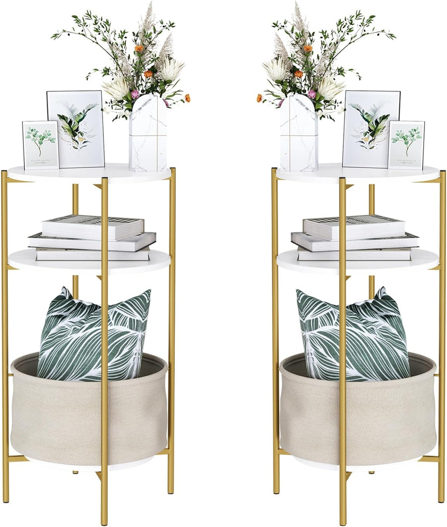 Round End Table, 3-Tier Side Table Accent, White/Gold