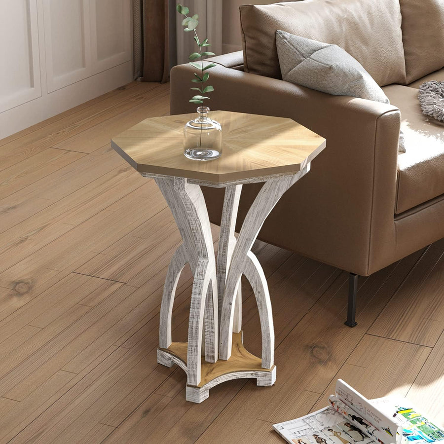 Rustic Octagonal Farmhouse Wood Side Table, Distressed