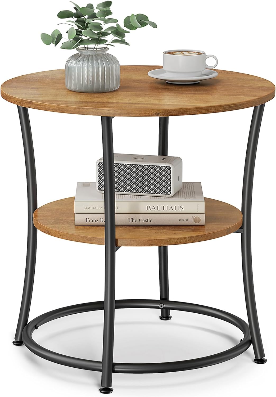 Round End Table 2 Shelves Steel Frame Rustic