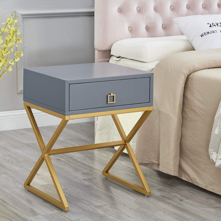 Modern Side Table w/ Drawer, Nightstand X-Shape Base