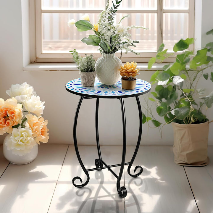 14" Outdoor Side Table, Scrollwork Accent Round End Table