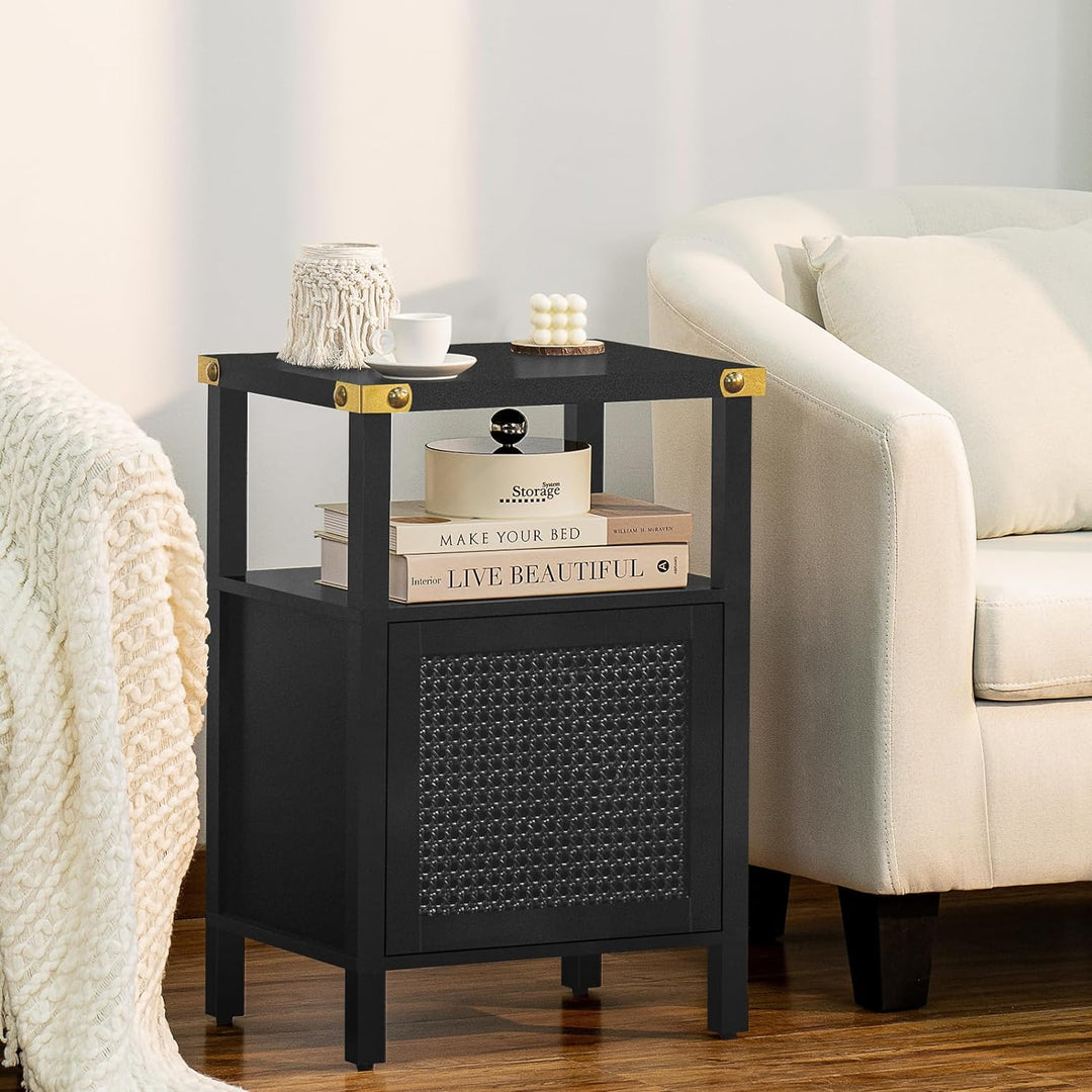 Rattan Nightstand, Side End Table with Storage