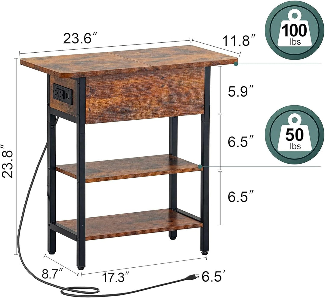 End Table with Charging Station, Flip Top Side