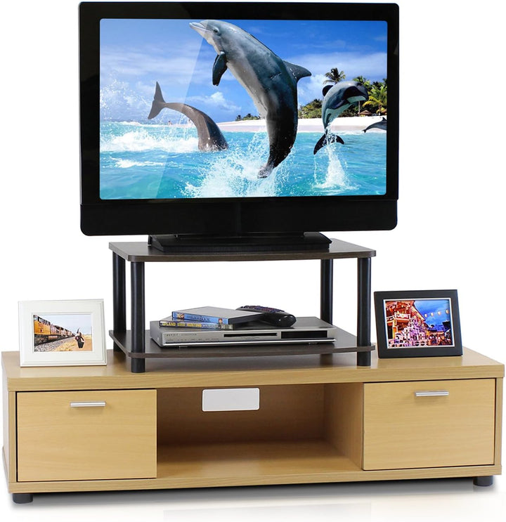 Elevated TV Stand, 2 Tiers, Plastic Tubes, Dark Brown/Black