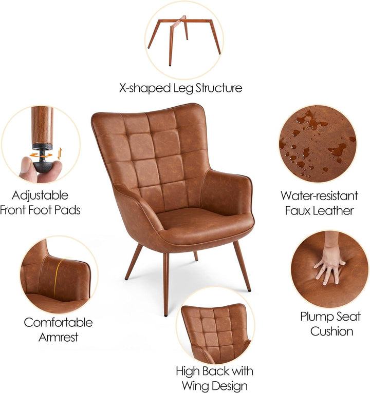 Leather Accent Chairs, Living Room Chairs Leather Large Armchairs Accent Chairs with Metal Legs, Camel