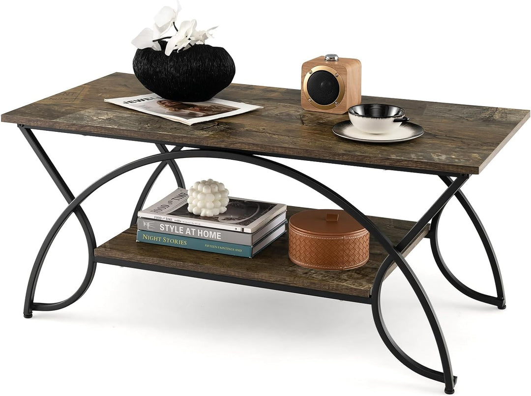 COSTWAY Industrial Wood Accent Table, 2-Tier Coffee Table, Rustic Brown