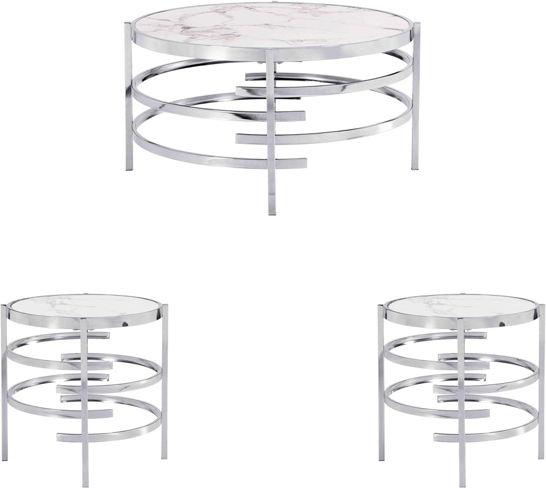 Sintered Stone Round Coffee & Side Table Set, Silver-3pcs