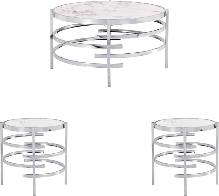 Sintered Stone Round Coffee & Side Table Set, Silver-3pcs