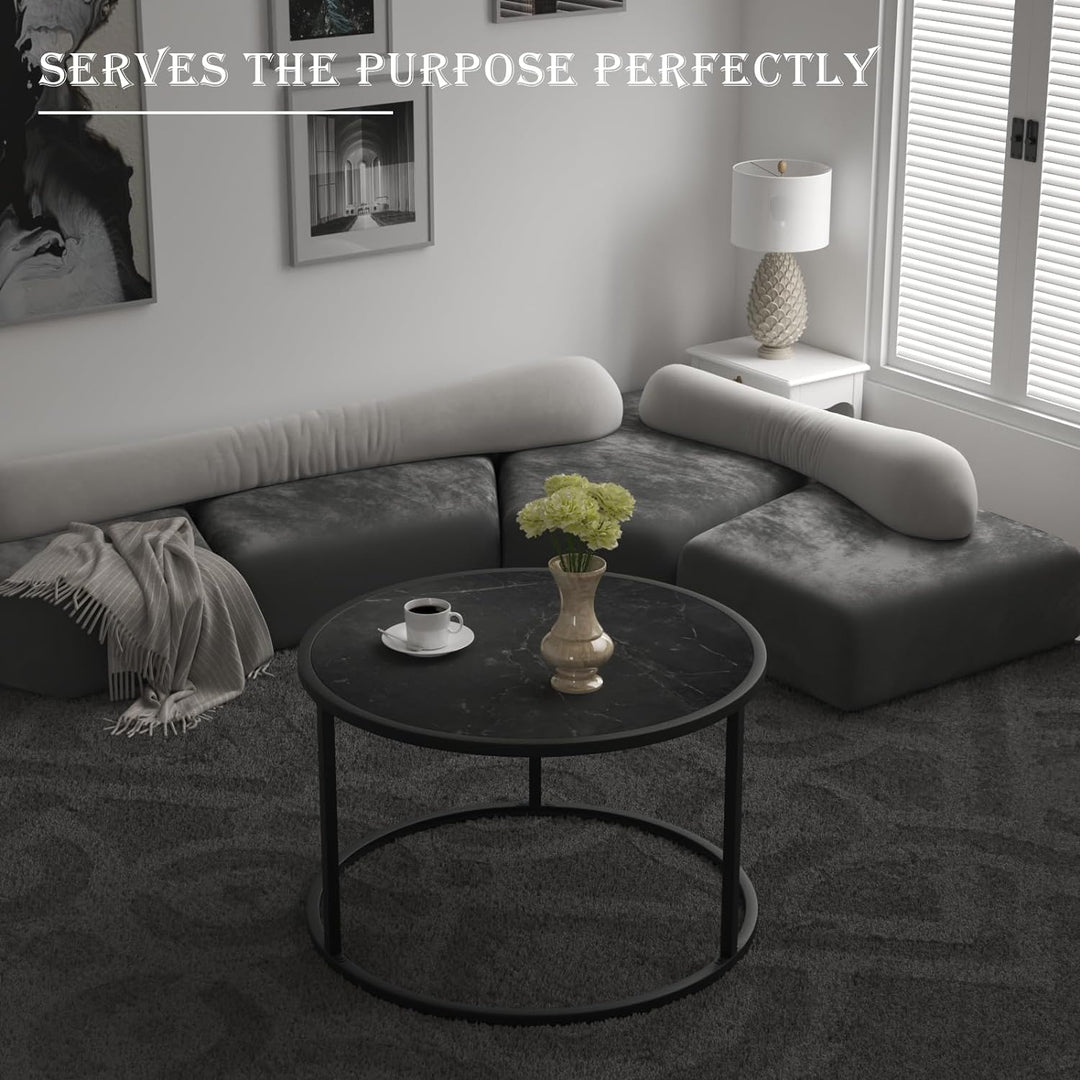 Stylish Small Round Coffee Table with Black Faux Marble