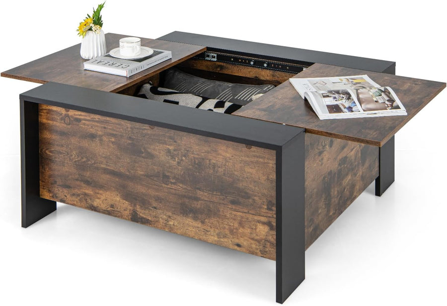 Sliding Top Coffee Table with Hidden Storage, Extendable Cocktail Table, Rustic Brown