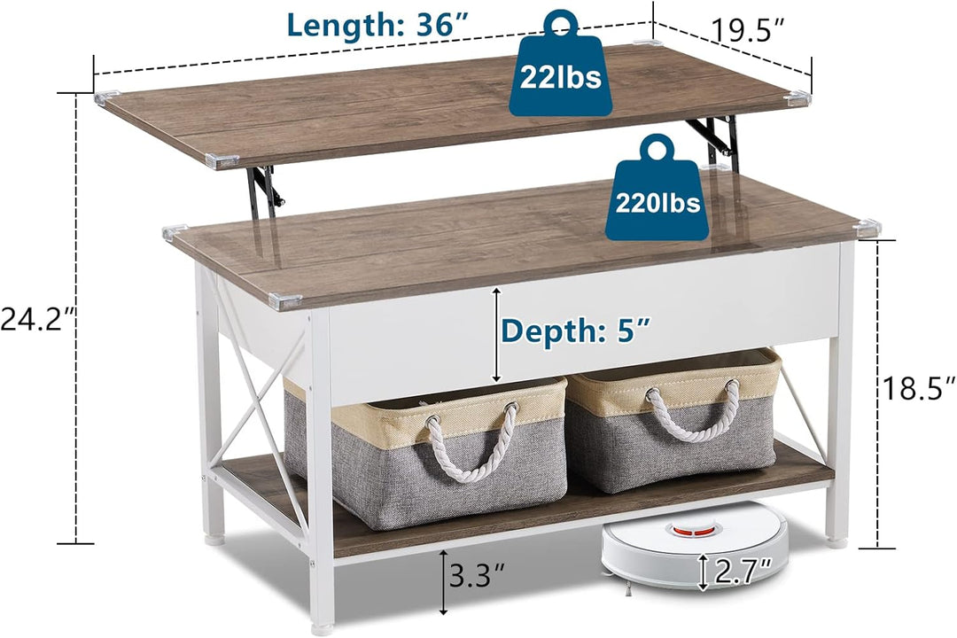 Lift Top Coffee Table with Storage Bins, White Walnut