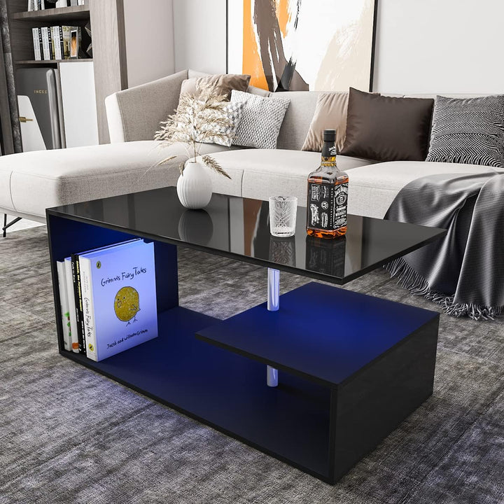 Elegant Modern Coffee Table with LED Lighting, 3-Tier Storage, Black