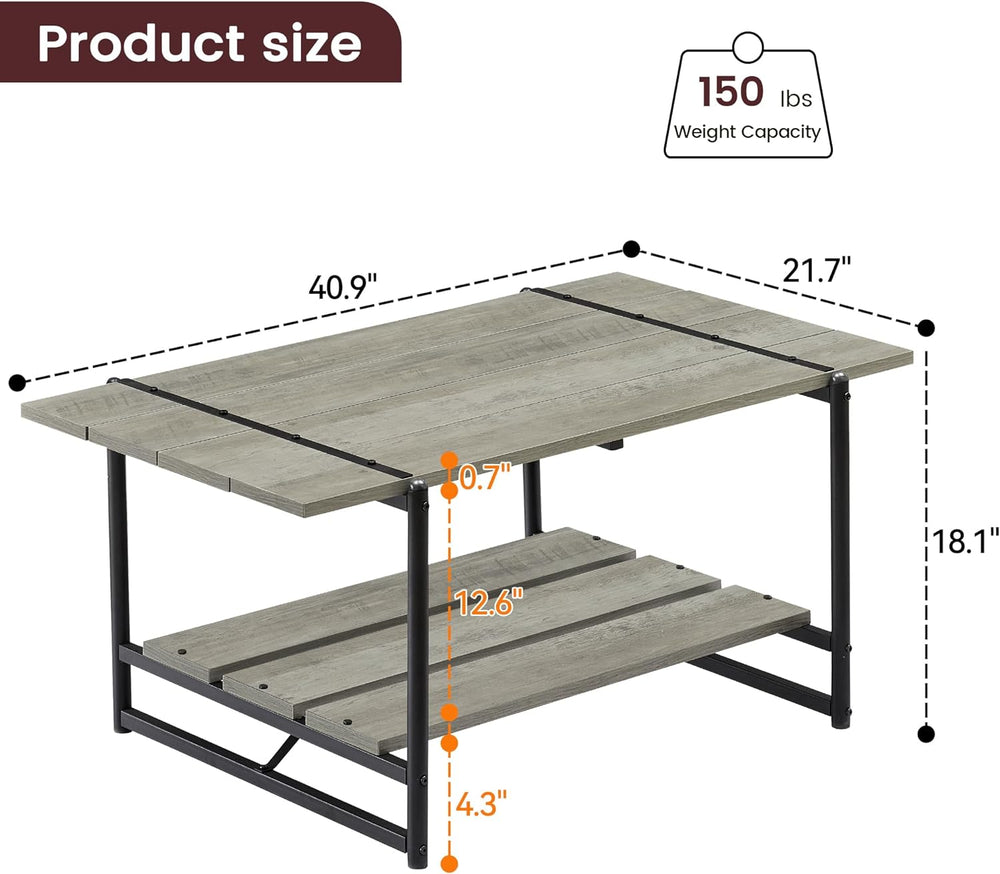 2-Tier Farmhouse 41" Gray Wood Coffee Table w/ Storage