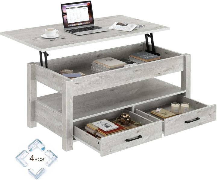 Lift Top Coffee Table with Drawers and Hidden Compartment, Grey