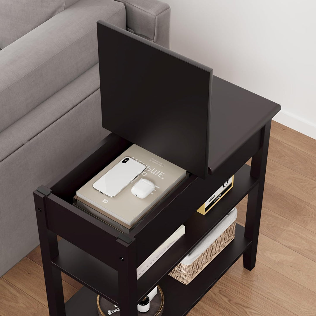 End Table, 3-Tier Flip Top Side Table, Narrow Nightstand