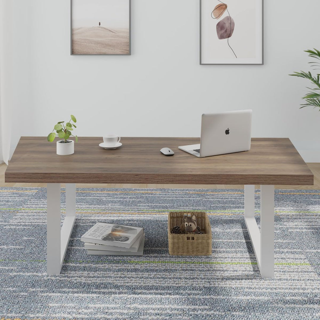 Farmhouse Living Room Table, Modern Minimalist Wood Coffee Table, White and Rustic Oak