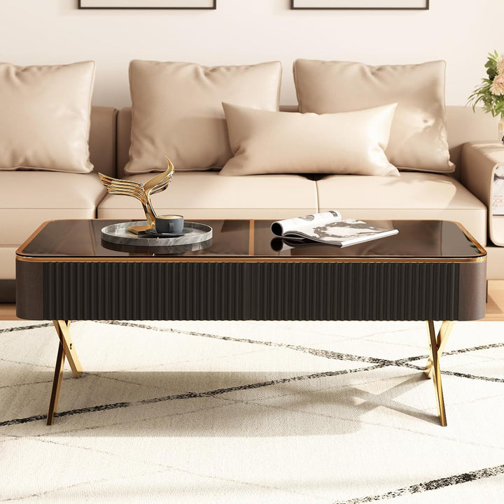 Coffee Table with Drawers, Teal Glass Top, Smokey Color