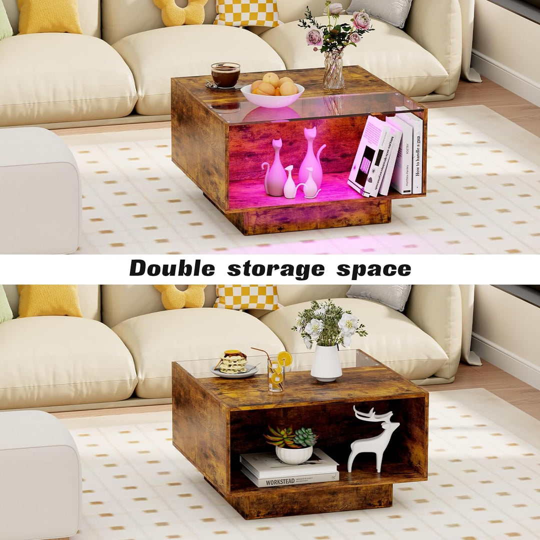 Unique LED Coffee Table with Storage, 16 Color Changing Lights, Rustic Brown