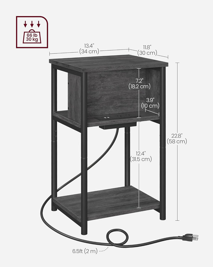 3-Tier End Table w/ USB, Outlets, Misty Gray & Black